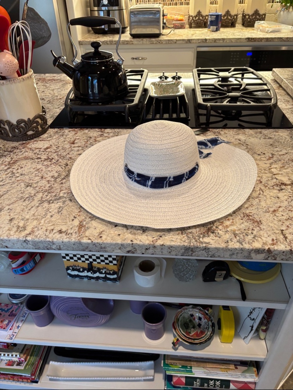 Tahari White Straw Sun Hat with Navy Scarf Tie thru silver Rivets.